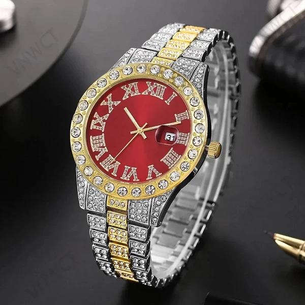 Montre-bracelet de luxe en diamant pour homme, biscuits doré, montre-bracelet hip-hop, horloge masculine, 2 pièces|6,45 €|OKKO MODE