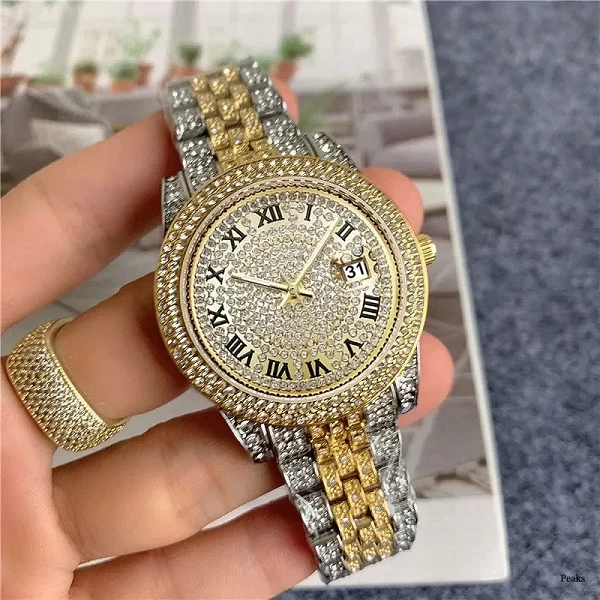 Montre-bracelet de luxe en diamant pour homme, biscuits doré, montre-bracelet hip-hop, horloge masculine, 2 pièces|6,45 €|OKKO MODE