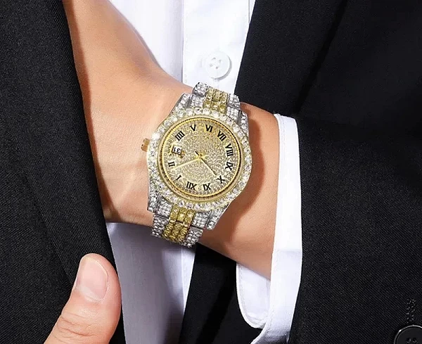 Montre-bracelet de luxe en diamant pour homme, biscuits doré, montre-bracelet hip-hop, horloge masculine, 2 pièces|6,45 €|OKKO MODE