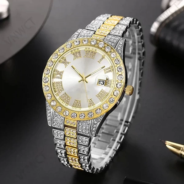 Montre-bracelet de luxe en diamant pour homme, biscuits doré, montre-bracelet hip-hop, horloge masculine, 2 pièces|6,45 €|OKKO MODE