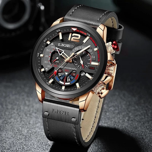 Montre de sport en cuir pour homme, LIGE-marque de luxe, style militaire, à quartz, avec chronographe|22,08 €|OKKO MODE