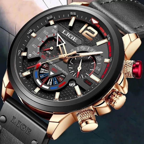 Montre de sport en cuir pour homme, LIGE-marque de luxe, style militaire, à quartz, avec chronographe|22,08 €|OKKO MODE