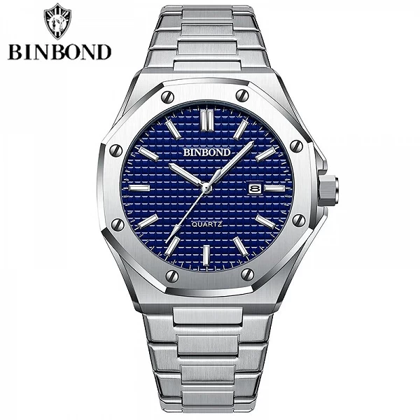 Montre-bracelet à quartz en acier inoxydable pour homme, grand cadran, calendrier, classique Royal, marque BINBOND|10,80 €|OKKO MODE