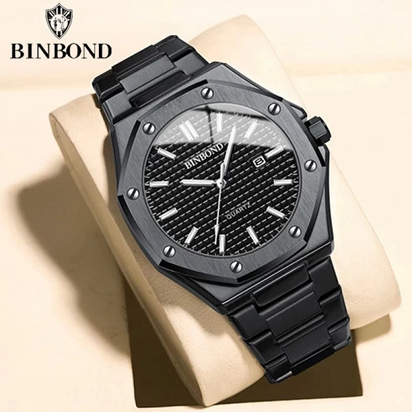 Montre-bracelet à quartz en acier inoxydable pour homme, grand cadran, calendrier, classique Royal, marque BINBOND|10,80 €|OKKO MODE