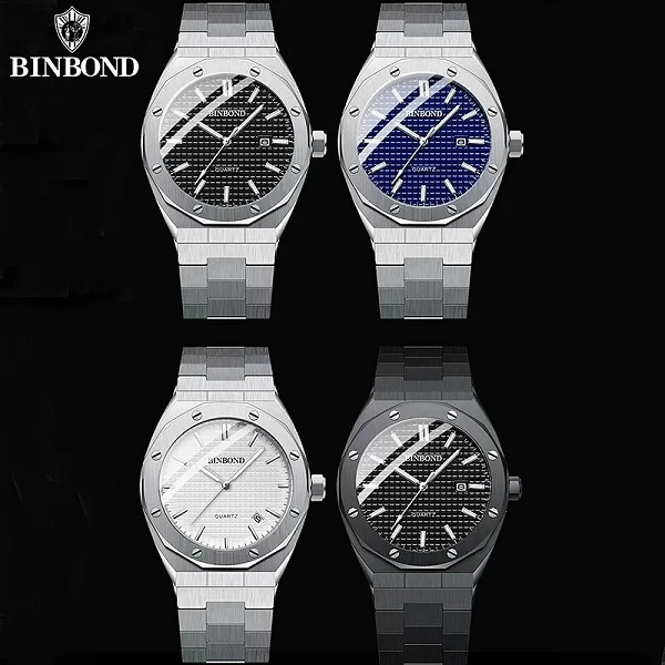 Montre-bracelet à quartz en acier inoxydable pour homme, grand cadran, calendrier, classique Royal, marque BINBOND|10,80 €|OKKO MODE