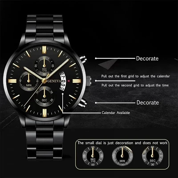 Montre-bracelet à quartz en acier inoxydable noir pour hommes, horloge d'affaires, calendrier de luxe, mode|5,03 €|OKKO MODE