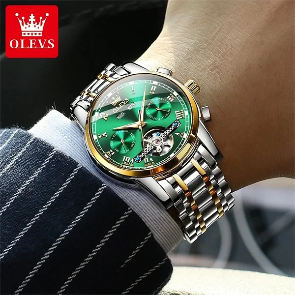 OLEVS – montre mécanique automatique pour hommes, en acier inoxydable, étanche, Date, semaine, vert, à la mode, classique, Reloj|69,39 €|OKKO MODE