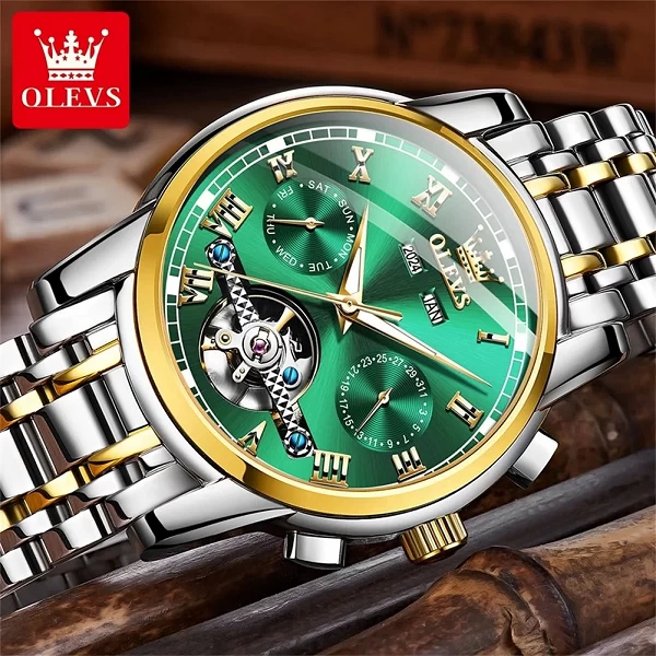 OLEVS – montre mécanique automatique pour hommes, en acier inoxydable, étanche, Date, semaine, vert, à la mode, classique, Reloj|69,39 €|OKKO MODE