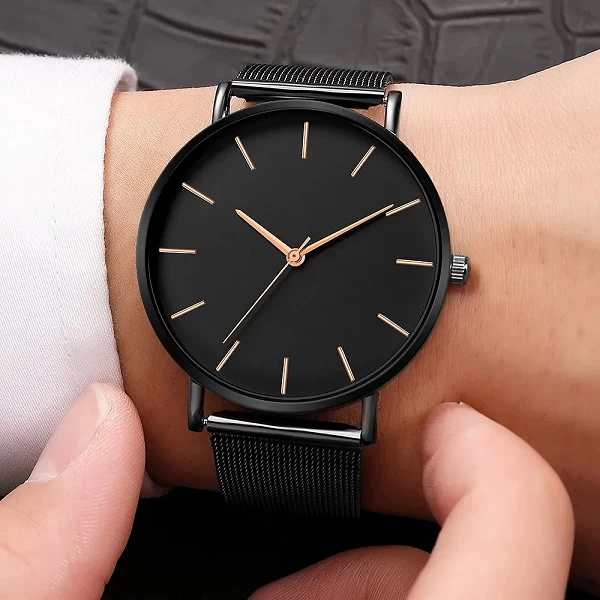 Montres : Bracelet en acier inoxydable à quartz pour dame, métal et maille noire|3,98 €|OKKO MODE