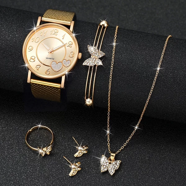 Bijoux: Ensemble Papillon Diamant Femme, Montre Quartz et Bracelet Doré 5 Pièces.|3,98 €|OKKO MODE