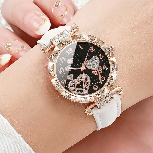 Montre à quartz avec bracelet en cuir pour femme, cadran en forme de cœur, noir, blanc, rose, mode féminine, ensemble de 3 pièce|5,39 €|OKKO MODE