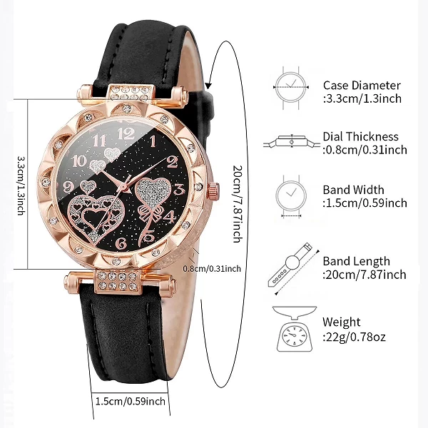 Montre à quartz avec bracelet en cuir pour femme, cadran en forme de cœur, noir, blanc, rose, mode féminine, ensemble de 3 pièce|5,39 €|OKKO MODE