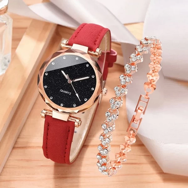 Montre de luxe pour femmes, ensemble de 2 pièces, Bracelet en cuir PU, montre-Bracelet à Quartz, strass, alliage or rose, cadeau|3,00 €|OKKO MODE