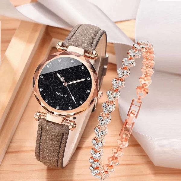 Montre de luxe pour femmes, ensemble de 2 pièces, Bracelet en cuir PU, montre-Bracelet à Quartz, strass, alliage or rose, cadeau|3,00 €|OKKO MODE