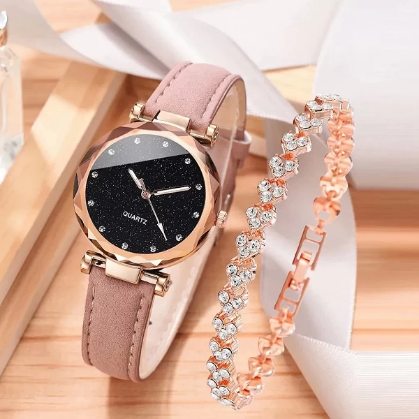 Montre de luxe pour femmes, ensemble de 2 pièces, Bracelet en cuir PU, montre-Bracelet à Quartz, strass, alliage or rose, cadeau|3,00 €|OKKO MODE