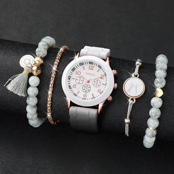 Montre Genève pour femme, bracelet en silicone, montre à quartz, ensemble de bracelets perlés turquoise, mode, sans boîte, 5 piè|5,12 €|OKKO MODE