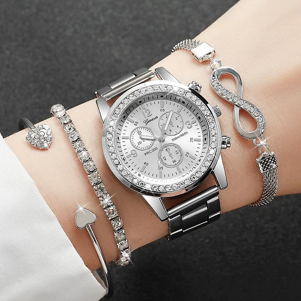 Montre à Quartz en Acier Inoxydable et Perles Argentées, Ensemble de Bijoux à la Mode pour Femme|3,59 €|OKKO MODE