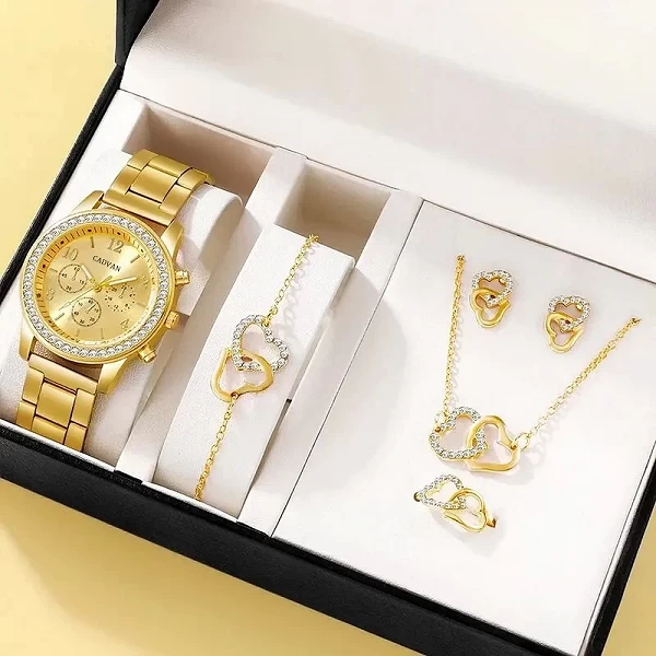 Bijoux de Luxe- Ensemble 6 Pièces en Or Rose avec Montre, Anneau, Collier et Boucles d'Oreilles Strass pour Femmes|5,00 €|OKKO MODE