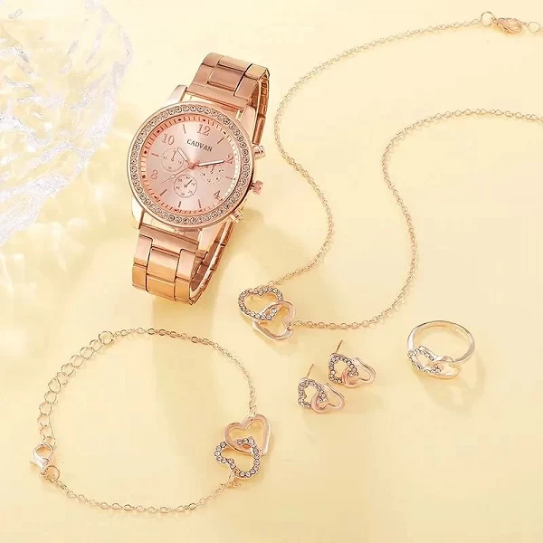 Bijoux de Luxe- Ensemble 6 Pièces en Or Rose avec Montre, Anneau, Collier et Boucles d'Oreilles Strass pour Femmes|5,00 €|OKKO MODE