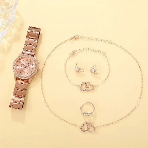 Bijoux de Luxe- Ensemble 6 Pièces en Or Rose avec Montre, Anneau, Collier et Boucles d'Oreilles Strass pour Femmes|5,00 €|OKKO MODE