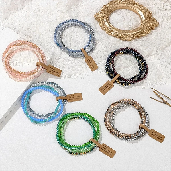 Bracelets en perles de cristal colorées pour femmes - Bracelet élastique d'été, cadeau bijoux, ensemble 4 pièces|5,46 €|OKKO MODE