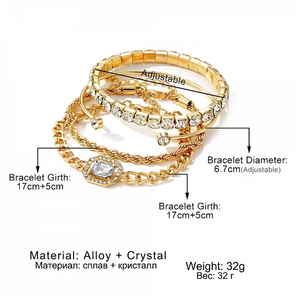 Bracelets Luxueux pour Femmes en Cristal Brillant, Ouverture Réglable, Bijoux Fantaisie 4 Pièces|2,96 €|OKKO MODE