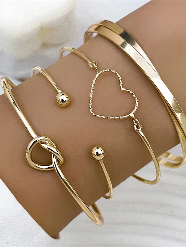 Ensemble de 4 Bracelets Ouverts pour Femmes en Alliage - Bijoux Amour Cœur Nœud Manchette|3,01 €|OKKO MODE