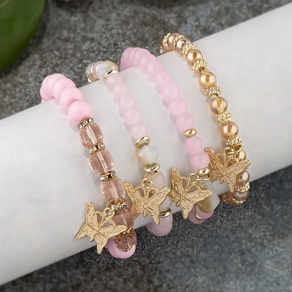 Bracelets en Perles de Papillon pour Femmes: Bracelets Élastiques Roses, Bijoux Fête|4,39 €|OKKO MODE