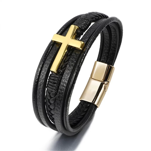 Bracelet en Cuir Tissé à la Main avec croix pour Homme, Multicouche Européen et Américain, Bijoux cuir|3,96 €|OKKO MODE