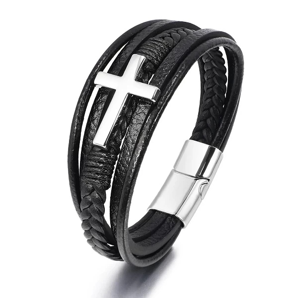 Bracelet en Cuir Tissé à la Main avec croix pour Homme, Multicouche Européen et Américain, Bijoux cuir|3,96 €|OKKO MODE