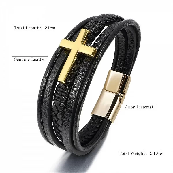 Bracelet en Cuir Tissé à la Main avec croix pour Homme, Multicouche Européen et Américain, Bijoux cuir|3,96 €|OKKO MODE