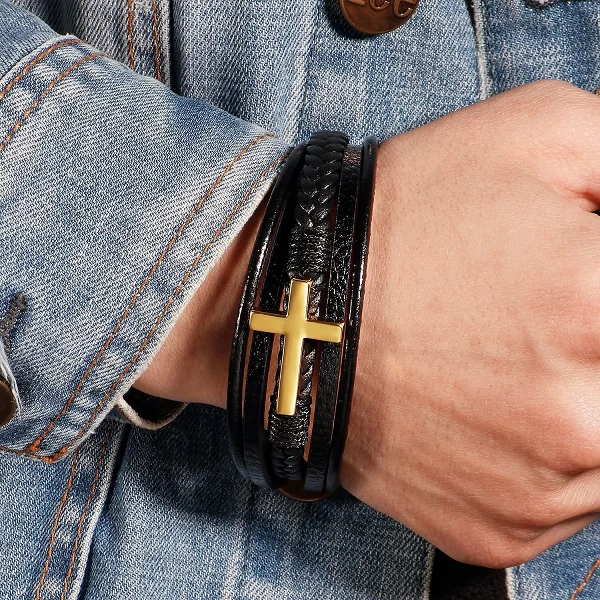 Bracelet en Cuir Tissé à la Main avec croix pour Homme, Multicouche Européen et Américain, Bijoux cuir|3,96 €|OKKO MODE