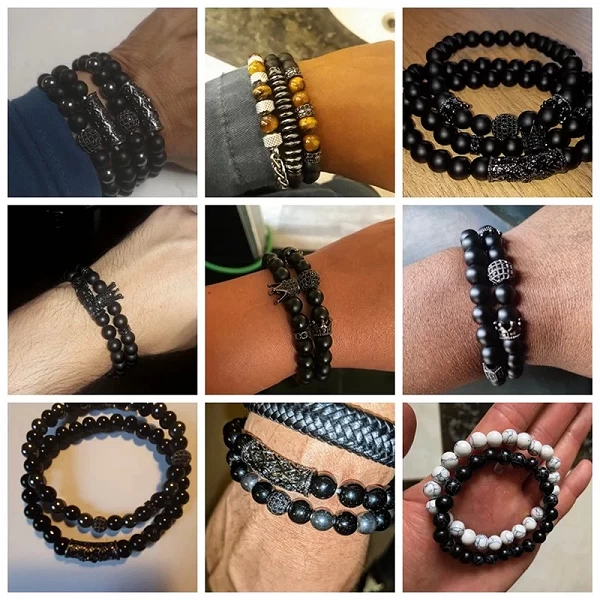 Bracelet de Perles Naturelles Extensible avec Œil de Tigre et Obsidienne pour Homme|6,38 €|OKKO MODE