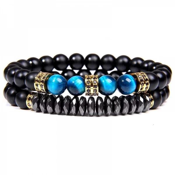 Bracelet de Perles Naturelles Extensible avec Œil de Tigre et Obsidienne pour Homme|6,38 €|OKKO MODE