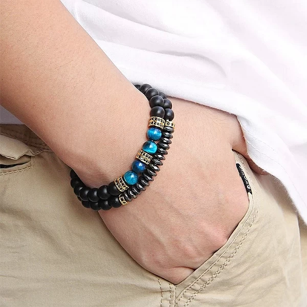 Bracelet de Perles Naturelles Extensible avec Œil de Tigre et Obsidienne pour Homme|6,38 €|OKKO MODE