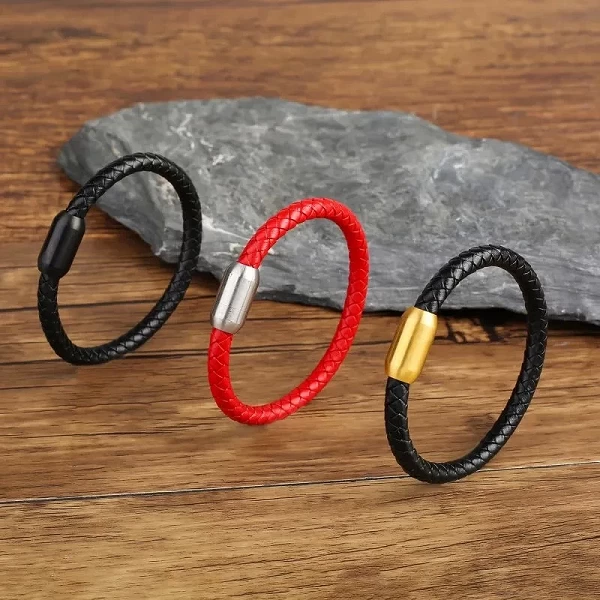 Bracelets en cuir tissés à la main pour hommes et femmes, bracelets punk simples, bracelets à boucle magnétique en acier inoxyda|6,29 €|OKKO MODE