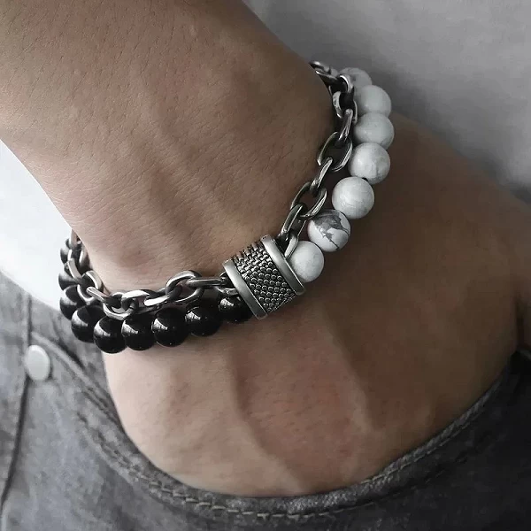 Bracelet perlé en pierre d'oeil de tigre pour homme, en acier inoxydable, lien en métal, chaîne de Yoga, bijoux masculins, livra|3,59 €|OKKO MODE