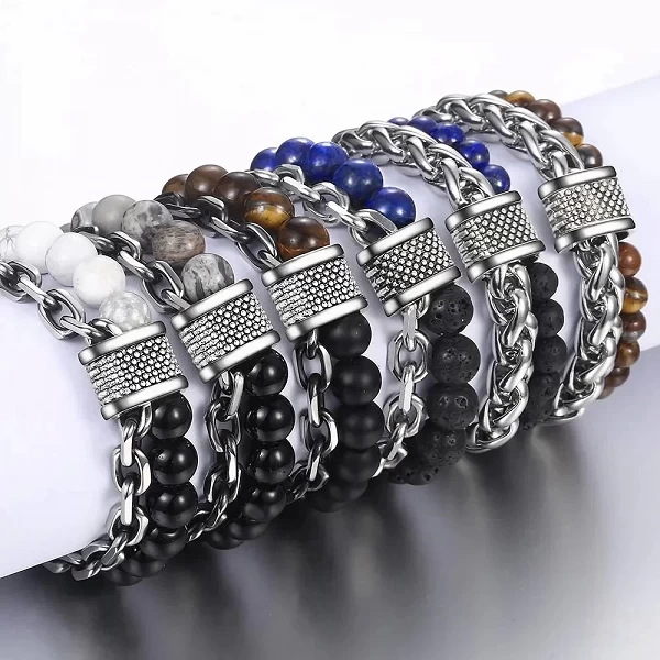 Bracelet perlé en pierre d'oeil de tigre pour homme, en acier inoxydable, lien en métal, chaîne de Yoga, bijoux masculins, livra|3,59 €|OKKO MODE