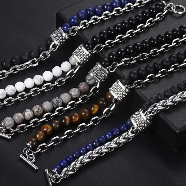 Bracelet perlé en pierre d'oeil de tigre pour homme, en acier inoxydable, lien en métal, chaîne de Yoga, bijoux masculins, livra|3,59 €|OKKO MODE