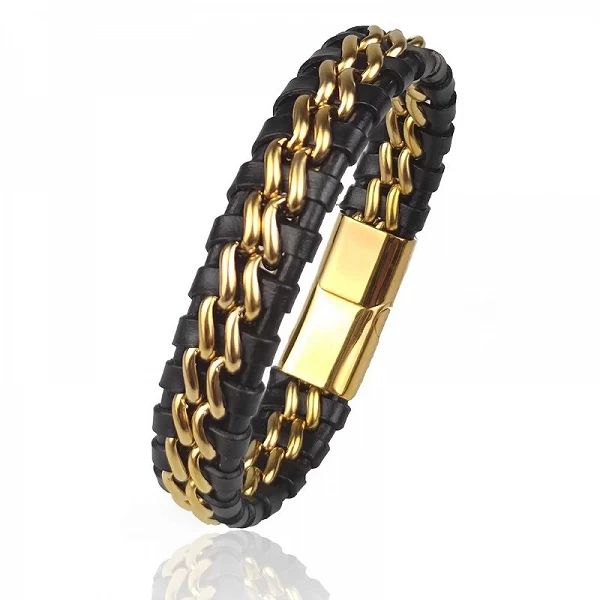 Bracelet en cuir véritable pour hommes, fermoir magnétique en acier inoxydable plaqué or, bijoux exclusif, cadeau, vente en gros|6,97 €|OKKO MODE