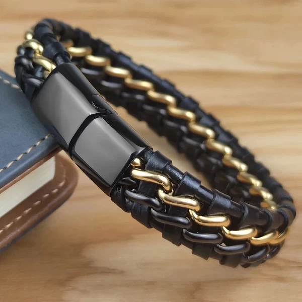 Bracelet en cuir véritable pour hommes, fermoir magnétique en acier inoxydable plaqué or, bijoux exclusif, cadeau, vente en gros|6,97 €|OKKO MODE