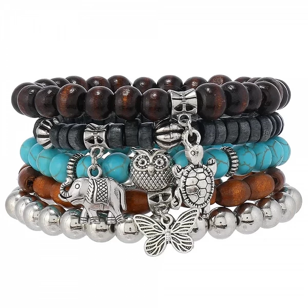 Bracelets de perles vintage de style bohème pour hommes et femmes, ensemble de bracelets multicouches en alliage, éléphant, tort|4,49 €|OKKO MODE