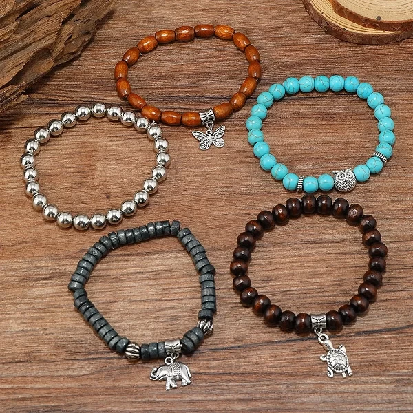 Bracelets de perles vintage de style bohème pour hommes et femmes, ensemble de bracelets multicouches en alliage, éléphant, tort|4,49 €|OKKO MODE