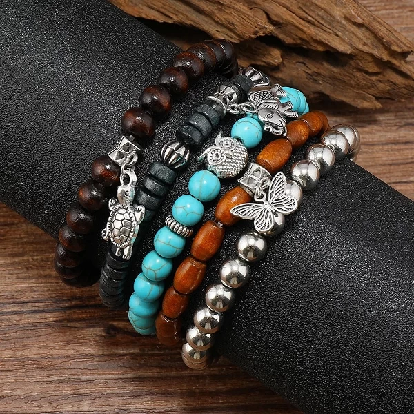 Bracelets de perles vintage de style bohème pour hommes et femmes, ensemble de bracelets multicouches en alliage, éléphant, tort|4,49 €|OKKO MODE