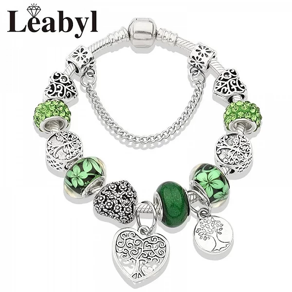 Bracelets à breloques arbre de vie en argent tibétain antique, perle de fleur en cristal vert avec coeur, bijoux à bricoler soi-|5,95 €|OKKO MODE