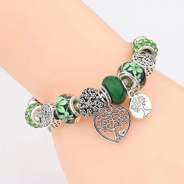 Bracelets à breloques arbre de vie en argent tibétain antique, perle de fleur en cristal vert avec coeur, bijoux à bricoler soi-|5,95 €|OKKO MODE