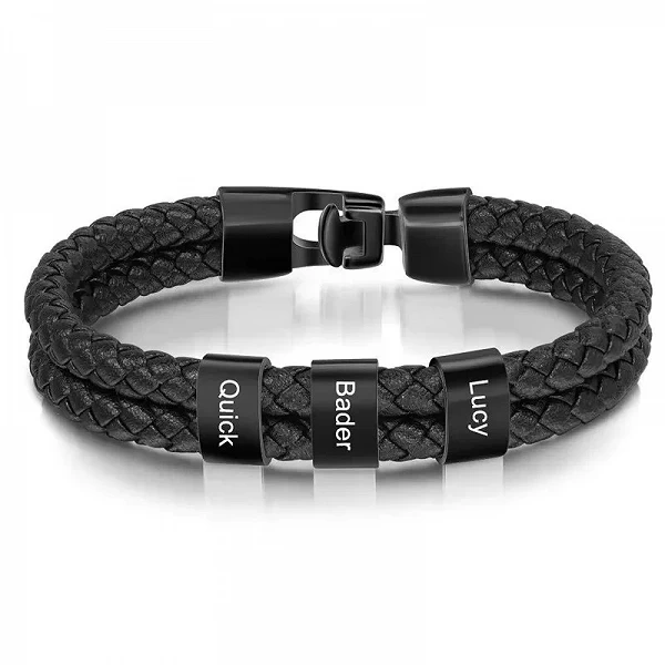 Bracelet de perles de noms de famille personnalisés pour hommes, bracelets gravés personnalisés, cuir noir, acier inoxydable, ca|15,07 €|OKKO MODE