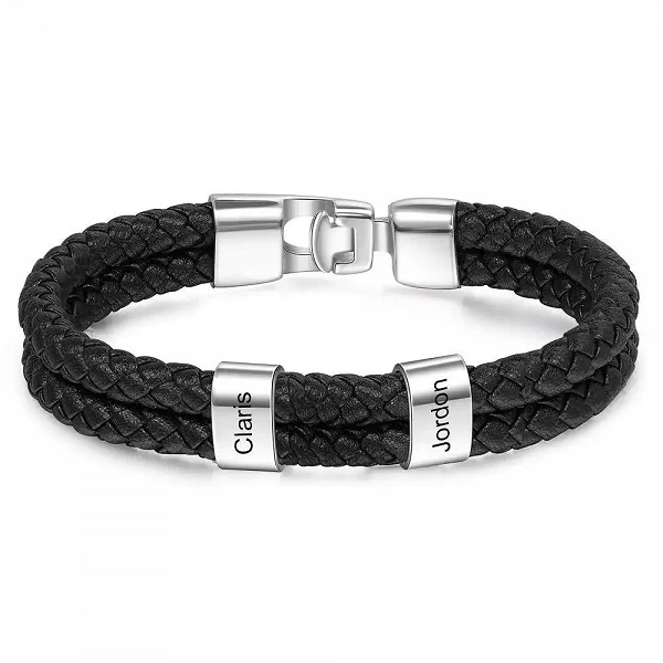 Bracelet de perles de noms de famille personnalisés pour hommes, bracelets gravés personnalisés, cuir noir, acier inoxydable, ca|15,07 €|OKKO MODE