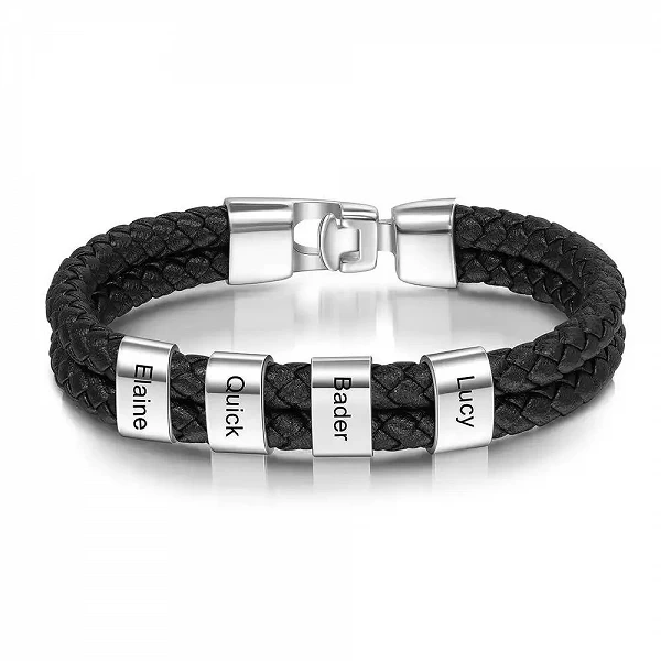 Bracelet de perles de noms de famille personnalisés pour hommes, bracelets gravés personnalisés, cuir noir, acier inoxydable, ca|15,07 €|OKKO MODE