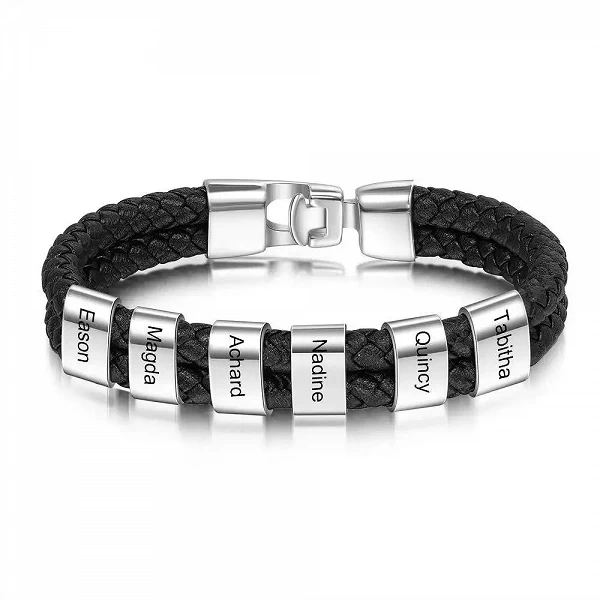 Bracelet de perles de noms de famille personnalisés pour hommes, bracelets gravés personnalisés, cuir noir, acier inoxydable, ca|15,07 €|OKKO MODE